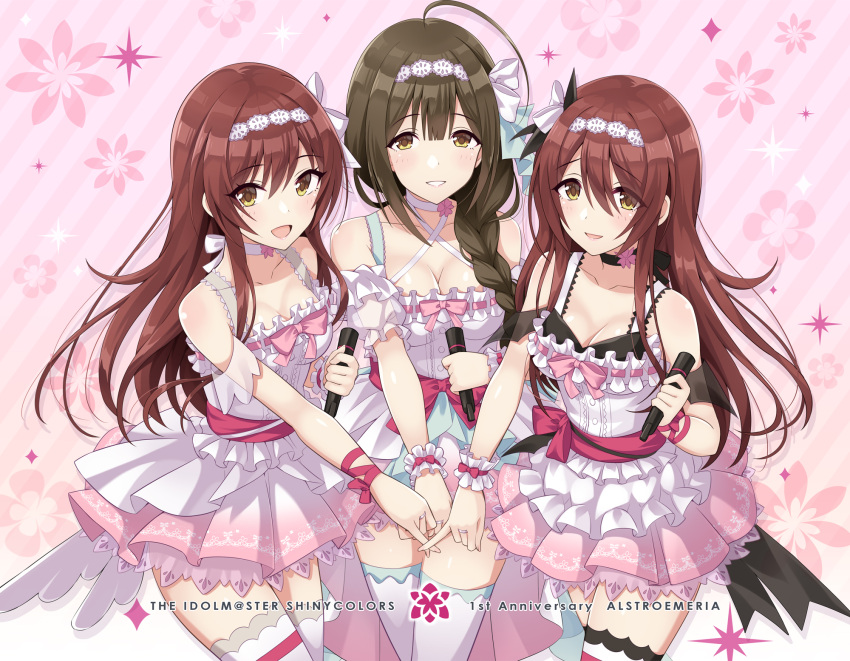 3girls ahoge bangs bare_shoulders blush braid breasts brown_hair cleavage collarbone dress floral_background frills hair_between_eyes hair_over_shoulder highres idolmaster idolmaster_shiny_colors kuwayama_chiyuki large_breasts long_hair looking_at_viewer medium_breasts microphone multiple_girls oosaki_amana oosaki_tenka parted_lips pink_background pink_skirt skirt smile thigh-highs thighs urabi_(tomatohouse) white_dress yellow_eyes