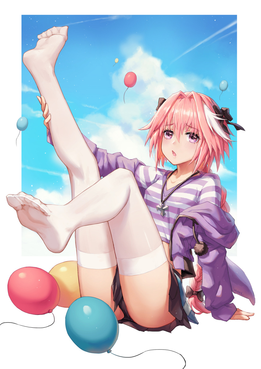 1boy artist_name ass astolfo_(fate) balloon bangs black_bow black_panties black_skirt blush bow braid commentary_request eyebrows_visible_through_hair fate/grand_order fate_(series) hair_between_eyes hair_bow hair_intakes highres jacket jewelry leg_up long_hair long_sleeves looking_at_viewer male_focus miniskirt mool_yueguang multicolored_hair necklace off_shoulder open_mouth otoko_no_ko panties pink_hair purple_jacket purple_shirt shirt single_braid skirt soles solo streaked_hair striped striped_shirt thigh-highs trap two-tone_shirt underwear violet_eyes white_hair white_legwear white_shirt