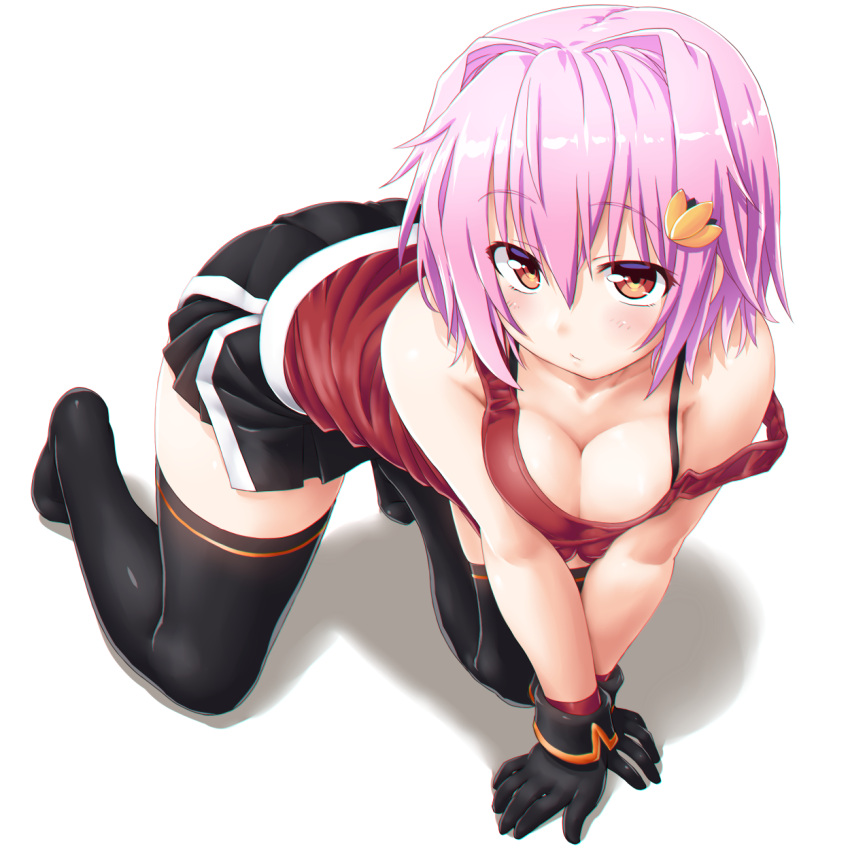 1girl all_fours bare_shoulders black_bra black_gloves black_legwear black_skirt blush bra breasts cleavage closed_mouth collarbone dd_(ijigendd) eyebrows_visible_through_hair full_body gloves hair_between_eyes hair_ornament highres kantai_collection looking_at_viewer medium_breasts no_shoes pink_hair red_eyes red_tank_top short_hair simple_background skirt solo strap_slip tama_(kantai_collection) tank_top thigh-highs underwear white_background zettai_ryouiki