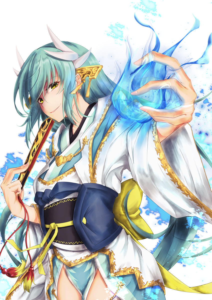 1girl absurdres aqua_hair aura bangs blush breasts cleavage cowboy_shot dragon_horns eyebrows_visible_through_hair fan fate/grand_order fate_(series) folding_fan green_eyes groin hair_between_eyes half-closed_eyes highres holding holding_fan horns huge_filesize japanese_clothes kimono kiyohime_(fate/grand_order) kuromu large_breasts long_hair looking_at_viewer obi open_mouth pelvic_curtain sash sidelocks simple_background smile solo very_long_hair white_background white_kimono wide_sleeves