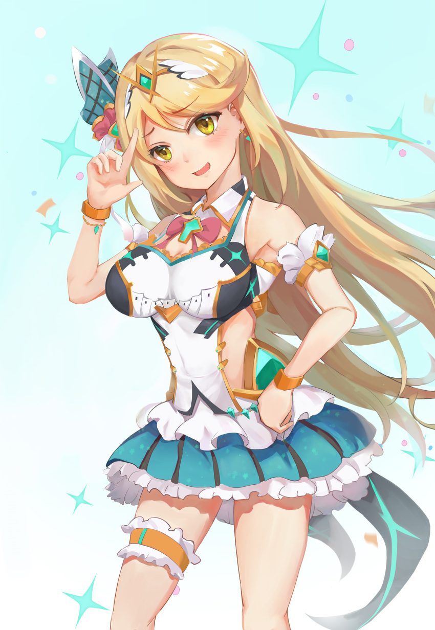 1girl :d armlet bare_shoulders blonde_hair blue_skirt blush bracelet breasts cleavage earrings eyebrows_visible_through_hair furrowed_eyebrows gem gradient gradient_background hand_on_hip hand_up head_tilt highres mythra_(xenoblade) jewelry kiiro_kimi large_breasts legs_apart long_hair looking_at_viewer miniskirt nintendo open_mouth skirt smile solo thigh_strap tiara very_long_hair xenoblade_(series) xenoblade_2 yellow_eyes