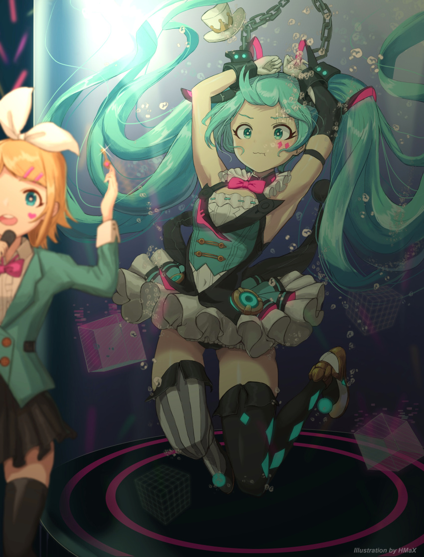 absurdres aqua_eyes aqua_hair armpits asymmetrical_legwear bare_shoulders blonde_hair blurry blurry_foreground bow bubble chinese_commentary commentary_request cuffs depth_of_field diamond_(shape) facial_tattoo formal frilled_skirt frills hair_bow hair_ornament hairclip hat hatsune_miku heart highres hmax holding_breath holding_key kagamine_rin long_hair magic_trick magical_mirai_(vocaloid) mini_hat mini_top_hat restrained shackles shirt short_hair skirt sleeveless sleeveless_shirt suit tattoo thigh-highs top_hat twintails underwater very_long_hair vocaloid water_tank wide-eyed zettai_ryouiki