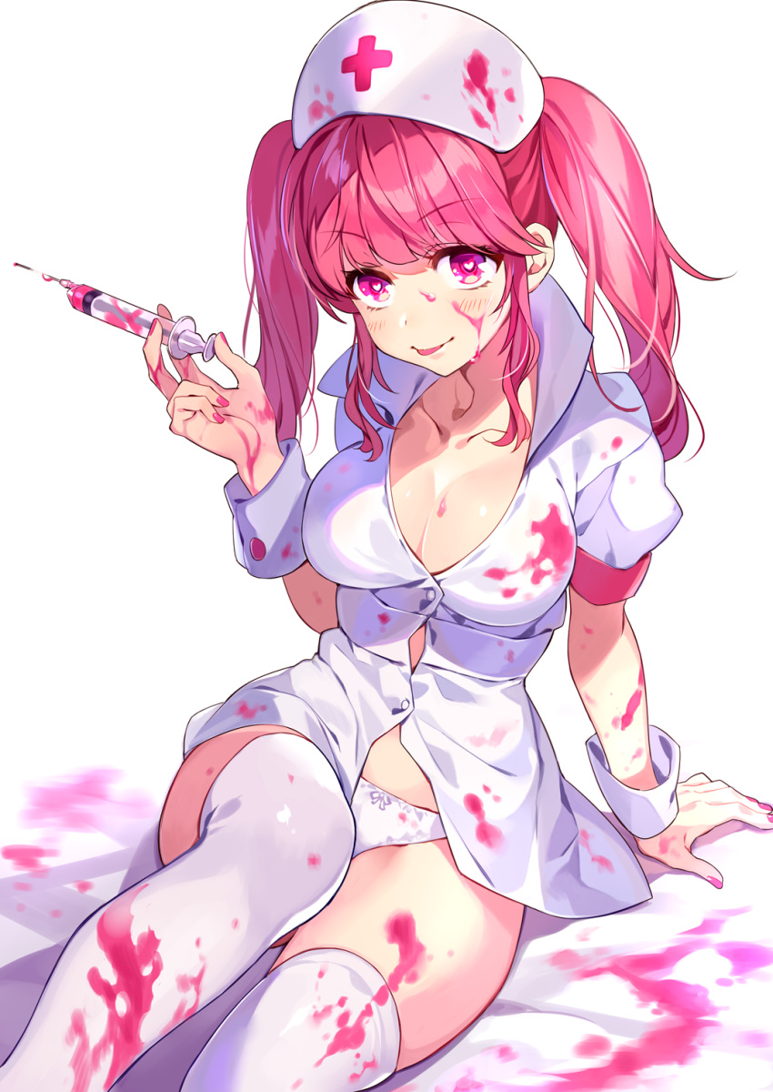 1girl :p arm_support breasts button_gap buttons cleavage collarbone commentary_request dress_shirt hand_up hat heart heart-shaped_pupils highres holding knee_up komeo15 large_breasts long_hair looking_at_viewer nail_polish no_pants nurse nurse_cap original panties pink_eyes pink_hair pink_nails shirt sidelocks sitting solo symbol-shaped_pupils syringe thigh-highs tongue tongue_out twintails underwear white_background white_legwear white_panties white_shirt wing_collar