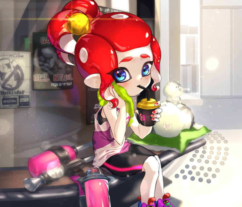 1girl amatcha bike_shorts black_shirt black_shorts blue_eyes cat cephalopod_eyes cup diffraction_spikes disposable_cup drinking emblem eyes_visible_through_hair hair_ornament hair_up holding holding_cup holding_towel ink_tank_(splatoon) inkling_(language) jajji-kun_(splatoon) kojajji-kun_(splatoon) lens_flare light_blush light_particles makeup mascara nail_polish octoling octoshot_(splatoon) pillow pointy_ears purple_background purple_footwear red_nails redhead shirt shoes short_hair short_ponytail shorts single_vertical_stripe sitting splatoon splatoon_(series) splatoon_2 squid suction_cups sweat tank_top tentacle_hair towel wiping_face