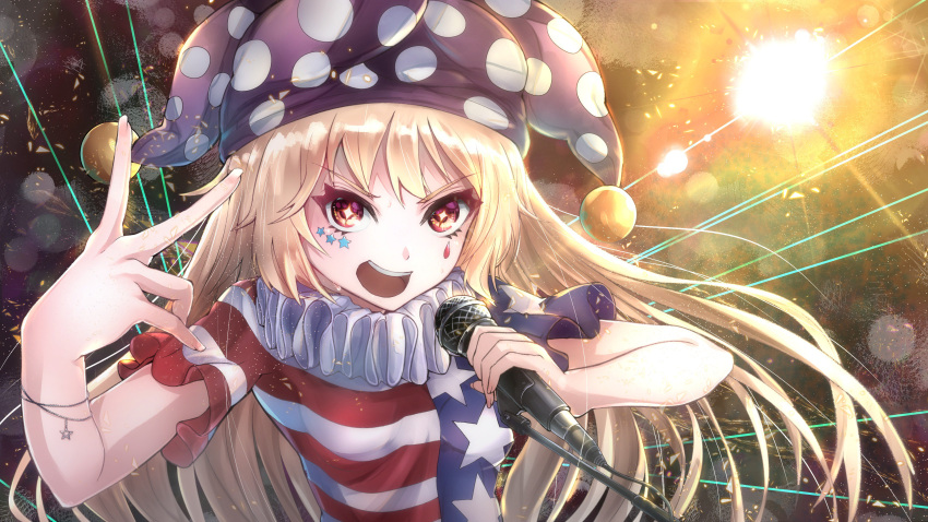 +_+ 1girl absurdres american_flag_shirt arm_up blonde_hair blurry bokeh bracelet clownpiece commentary_request dai_(yamii) depth_of_field facial_tattoo fingernails hand_gesture hat highres holding holding_microphone jester_cap jewelry laser long_hair looking_at_viewer microphone neck_ruff open_mouth polka_dot_hat red_eyes shiny shiny_hair short_sleeves solo stage_lights standing tattoo touhou upper_body upper_teeth very_long_hair