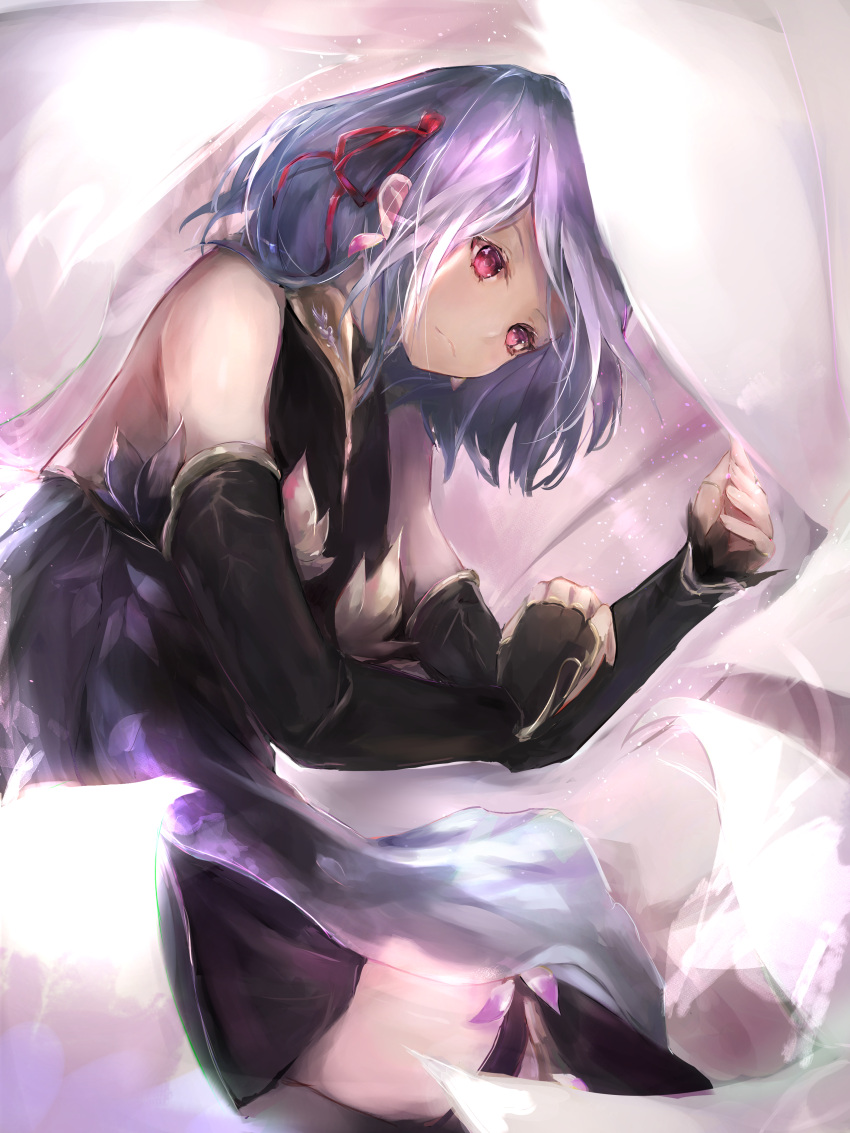 1girl absurdres bangs bare_shoulders black_dress black_legwear black_skirt black_sleeves closed_mouth commentary_request detached_sleeves dress fate/grand_order fate_(series) hair_ribbon hanagin highres kama_(fate/grand_order) long_sleeves looking_away lying on_side petals purple_hair red_eyes red_ribbon ribbon skirt sleeveless sleeveless_dress sleeves_past_wrists solo thigh-highs