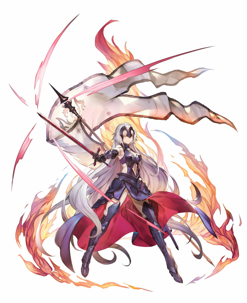 1girl absurdly_long_hair armor armored_dress bangs blush breasts cape chains cleavage commentary dress eyebrows_visible_through_hair fate/grand_order fate_(series) fire floating_hair full_body fur_collar fur_trim gauntlets granblue_fantasy greaves grin hair_between_eyes headpiece highres holding holding_sword holding_weapon jeanne_d'arc_(alter)_(fate) jeanne_d'arc_(fate)_(all) kakage large_breasts long_hair looking_at_viewer medium_breasts sidelocks silver_hair simple_background smile solo standard_bearer sword thigh-highs tsurime very_long_hair weapon white_background yellow_eyes