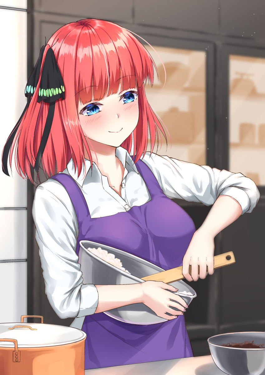 1girl baking bangs blue_eyes blunt_bangs blush bowl breasts butterfly_hair_ornament closed_mouth collared_shirt commentary_request eyebrows_visible_through_hair go-toubun_no_hanayome hair_ornament highres holding holding_bowl indoors kitchen medium_breasts medium_hair nakano_nino one_side_up pot primamiya purple_apron redhead shelf shirt sleeves_pushed_up smile solo stirring upper_body white_shirt wing_collar