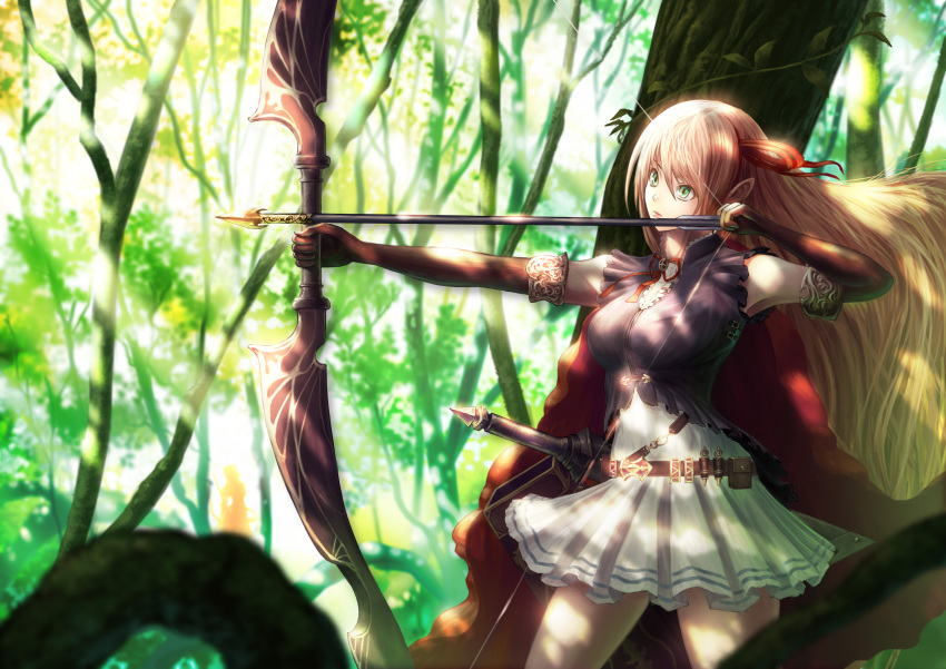 1girl absurdres arisa_(shadowverse) arrow blonde_hair bow_(weapon) breasts brown_gloves cape drawing_bow elbow_gloves foliage fujifuji924 gloves green_eyes hair_between_eyes highres long_hair medium_breasts quiver red_cape shadowverse skirt solo sword thighs tree weapon