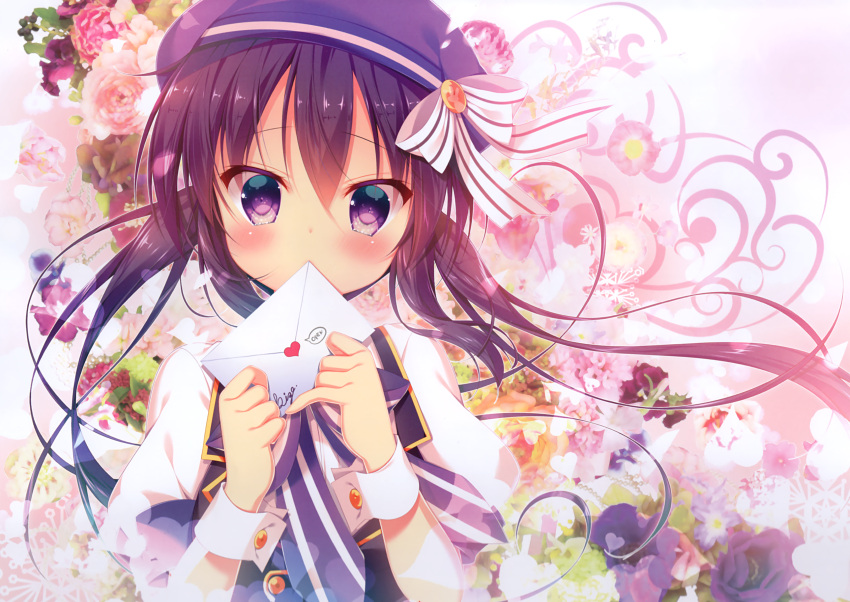 1girl absurdres bow covered_mouth envelope eyebrows_visible_through_hair flower gochuumon_wa_usagi_desu_ka? heart highres holding holding_envelope long_hair looking_at_viewer mitsumomo_mamu puffy_short_sleeves puffy_sleeves purple_bow purple_flower purple_hair purple_headwear scan short_sleeves solo speech_bubble tedeza_rize twintails upper_body violet_eyes white_bow wrist_cuffs