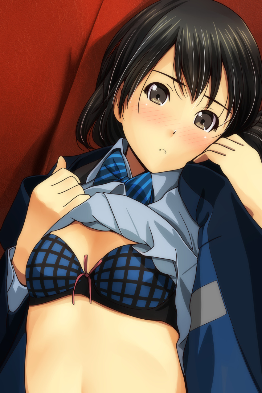 1girl absurdres bangs black_hair blazer blue_bra blue_jacket blue_neckwear blue_shirt blush bow bow_bra bra breasts brown_eyes collared_shirt couch diagonal-striped_neckwear diagonal_stripes eyebrows_visible_through_hair hands_up head_tilt highres jacket lifted_by_self lying matsunaga_kouyou nose_blush on_back on_couch open_blazer open_clothes open_jacket original shirt shirt_lift small_breasts solo striped striped_neckwear underwear upper_body