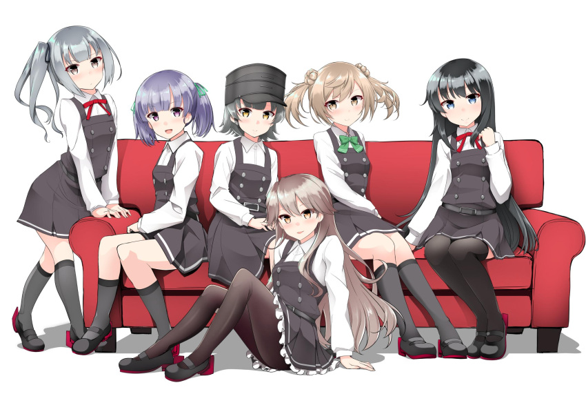 6+girls arare_(kantai_collection) arashio_(kantai_collection) asashio_(kantai_collection) ascot belt black_footwear black_hair black_legwear black_ribbon blue_eyes blue_hair breasts brown_eyes brown_hair buttons commentary_request couch double_bun dress eyebrows_visible_through_hair frilled_dress frills full_body grey_hair hair_between_eyes hair_bun hair_ribbon hat highres kantai_collection kasumi_(kantai_collection) kirigakure_(kirigakure_tantei_jimusho) kneehighs light_brown_hair long_hair long_sleeves looking_at_viewer michishio_(kantai_collection) multiple_girls neck_ribbon ooshio_(kantai_collection) open_mouth pantyhose pinafore_dress red_ribbon remodel_(kantai_collection) ribbon school_uniform shirt shoes short_hair short_twintails side_ponytail silver_hair simple_background single_thighhigh sitting sleeveless sleeveless_dress small_breasts smile smokestack standing thigh-highs twintails white_background white_shirt yellow_eyes