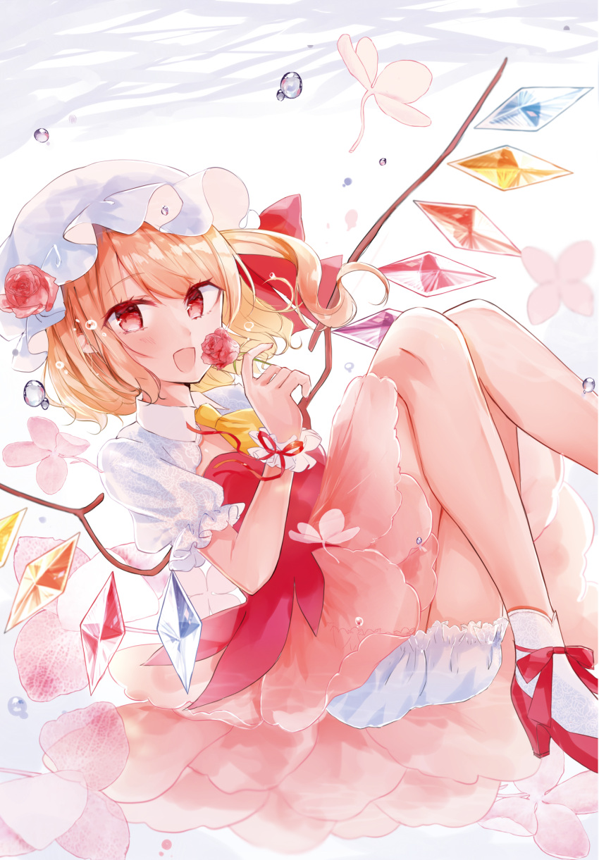 1girl :d bangs blonde_hair bloomers blush commentary_request crystal dress eyebrows_visible_through_hair flandre_scarlet flower hair_between_eyes hand_up hat hat_flower high_heels highres holding holding_flower knees_up mob_cap moko_(3886397) one_side_up open_mouth puffy_short_sleeves puffy_sleeves red_dress red_eyes red_flower red_footwear red_rose rose shirt shoes short_sleeves smile socks solo touhou underwear water_drop white_bloomers white_headwear white_legwear white_shirt wings wrist_cuffs yellow_neckwear