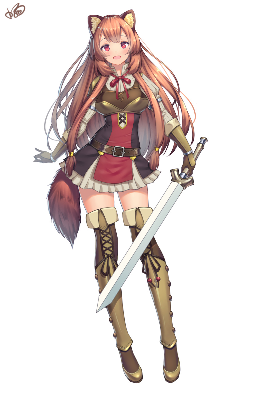 1girl absurdres animal_ears blush breasts brown_hair full_body highres konishi_(565112307) long_hair long_sleeves looking_at_viewer medium_breasts open_mouth raccoon_ears raccoon_girl raccoon_tail raphtalia red_eyes smile solo standing sword tail tate_no_yuusha_no_nariagari very_long_hair weapon