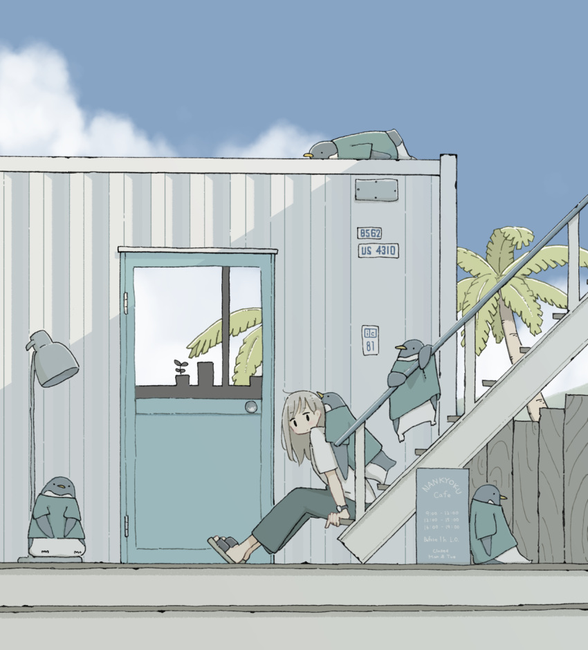 1girl animal aqua_shirt bangs bird blue_sky building cafe clothed_animal clouds cloudy_sky door east_sha2 fence highres lamp long_hair looking_at_viewer no_nose original outdoors palm_tree pants penguin sandals shirt sitting sky stairs tree watch watch white_shirt