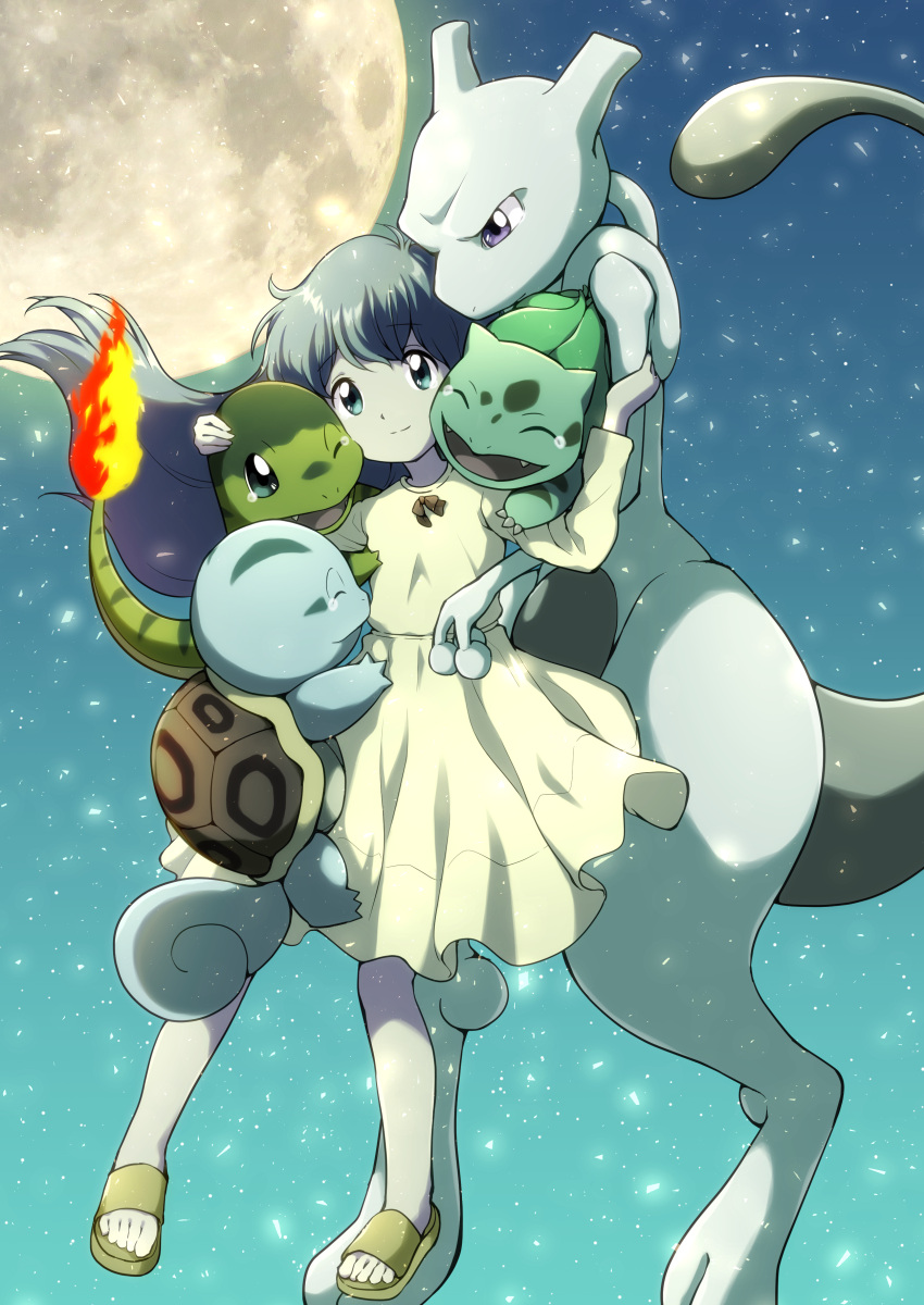 1girl absurdres ai_(pokemon) blue_eyes blue_hair bulbasaur character_request charmander commentary_request creatures_(company) dress fangs floating full_moon game_freak gen_1_pokemon happy_tears highres long_hair long_sleeves mewtwo miyabi_(miyabeeya) moon nintendo one_eye_closed pokemon pokemon_(anime) pokemon_(creature) pokemon_m01 sky slippers smile squirtle tears yellow_dress