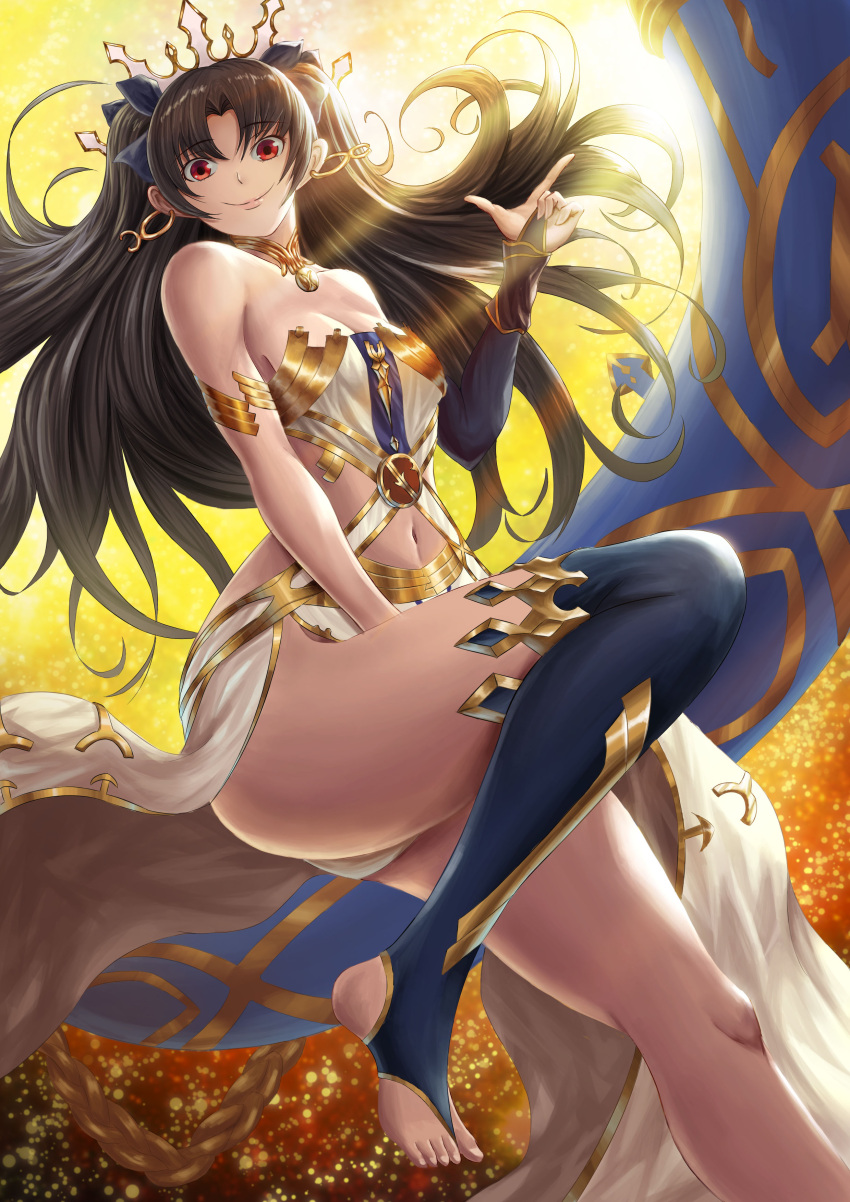 1girl absurdres bare_shoulders black_bridal_gauntlets black_hair blue_legwear breasts bridal_gauntlets cleavage closed_mouth crown dress earrings eyebrows_visible_through_hair fate/grand_order fate_(series) female floating_hair fujifuji924 full_moon hair_between_eyes hand_up heavenly_boat_maanna highres hoop_earrings ishtar_(fate/grand_order) jewelry knee_up lips long_hair medium_breasts moon navel navel_cutout neck neck_ring necklace red_eyes revealing_clothes single_bridal_gauntlet single_thighhigh smile solo strapless strapless_dress thigh-highs thighlet thighs toeless_legwear tohsaka_rin type-moon white_dress