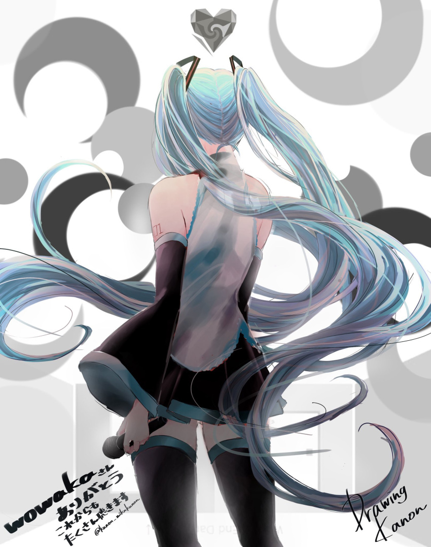 1girl aqua_hair bare_shoulders cowboy_shot detached_sleeves drawing_kanon from_behind greyscale hair_ornament hatsune_miku highres holding holding_microphone long_hair microphone monochrome rolling_girl_(vocaloid) shirt shoulder_tattoo signature skirt sleeveless sleeveless_shirt solo tattoo thigh-highs twintails twitter_username unknown_mother_goose_(vocaloid) very_long_hair vocaloid world's_end_dancehall_(vocaloid) zettai_ryouiki