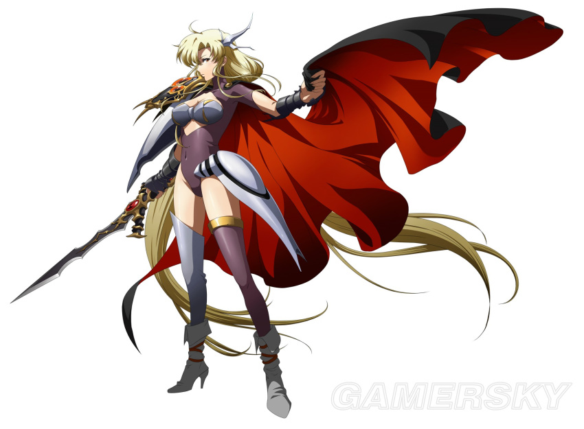1girl armor bangs blonde_hair boots breasts brown_eyes cape center_opening cleavage covered_navel gauntlets groin hair_ornament high_heel_boots high_heels highres holding holding_cape holding_sword holding_weapon langrisser langrisser_ii leotard long_hair looking_at_viewer medium_breasts official_art rana_(langrisser) short_sleeves simple_background solo source_request sword thigh-highs turtleneck very_long_hair watermark weapon white_background