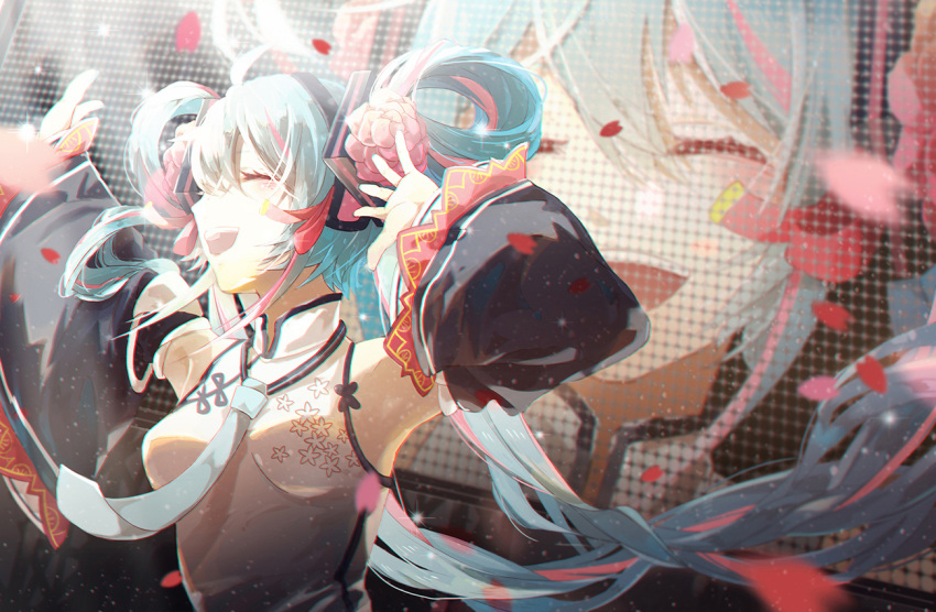 1girl aqua_hair arms_up bare_shoulders blush breasts chinese_clothes closed_eyes commentary detached_sleeves floral_print flower hair_flower hair_ornament hair_rings hatsune_miku hatsune_miku_expo hiro_chikyuujin medium_breasts monitor necktie open_mouth petals projected_inset ribbon smile solo twintails upper_body vocaloid