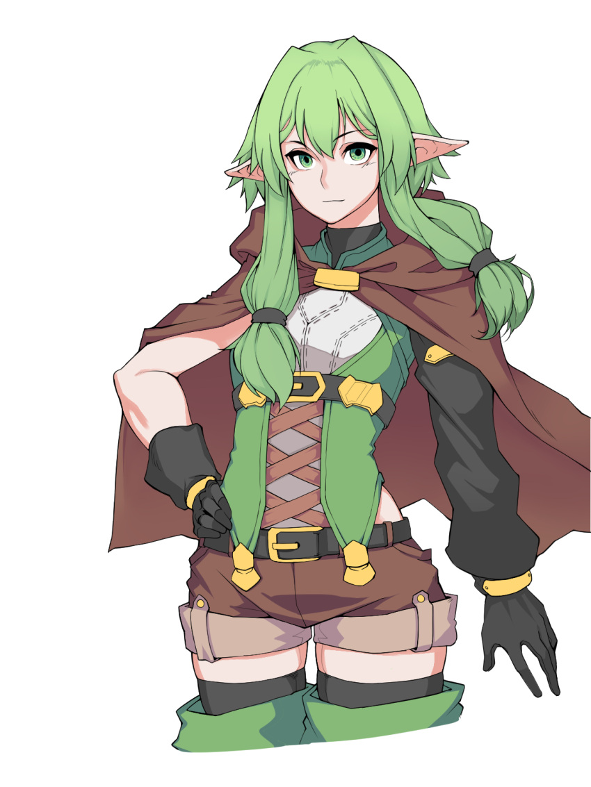 1girl belt black_belt black_bow black_gloves black_legwear bow brown_capelet brown_shorts capelet commentary elf flat_chest gloves goblin_(mim9543) goblin_slayer! green_eyes green_hair green_legwear hair_between_eyes hair_bow hair_intakes hand_on_hip high_elf_archer_(goblin_slayer!) highres long_hair looking_at_viewer mismatched_gloves pointy_ears short_shorts shorts sidelocks simple_background smile solo thigh-highs white_background