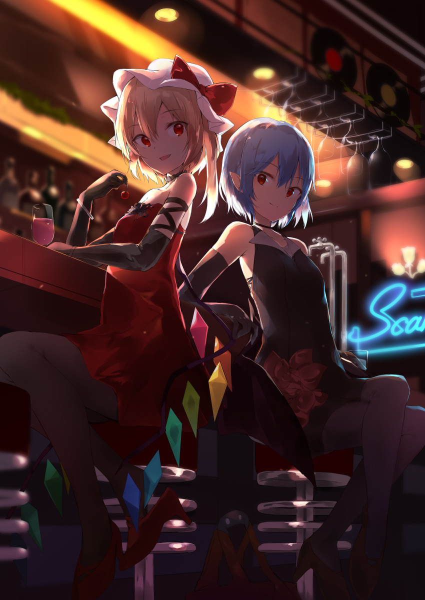 2girls :d alternate_costume arm_ribbon bangs bar bare_shoulders bat_wings black_choker black_dress black_gloves black_legwear black_ribbon blonde_hair blue_hair bottle bow breasts cherry choker commentary_request crystal cup dress drinking_glass elbow_gloves eyebrows_visible_through_hair flandre_scarlet food fruit gloves hair_between_eyes hand_up hat hat_bow high_heels highres holding holding_food holding_fruit indoors long_hair looking_at_viewer mob_cap multiple_girls no_hat no_headwear open_mouth pantyhose pointy_ears red_bow red_dress red_eyes red_footwear remilia_scarlet ribbon sakusyo short_dress siblings side_ponytail sisters sitting sleeveless sleeveless_dress small_breasts smile strapless strapless_dress touhou white_headwear wings