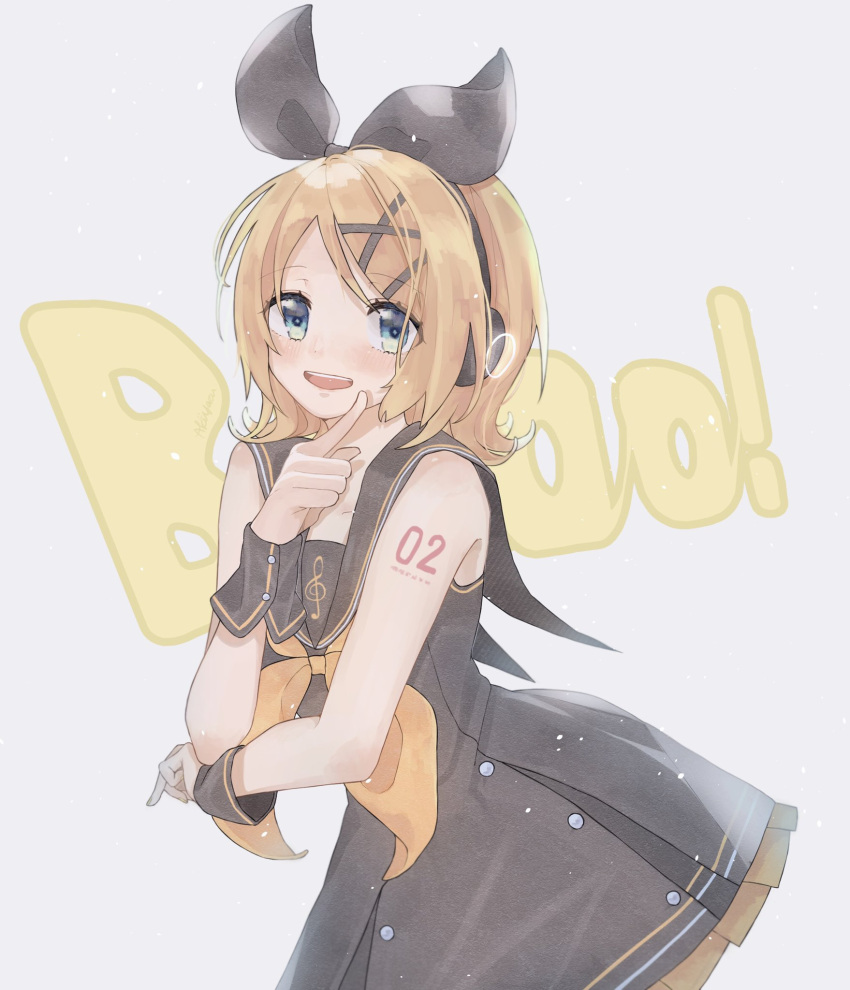 akiyasu_(user_eepw8843) background_text bare_shoulders black_bow black_dress black_wrist_cuffs blonde_hair blue_eyes blush bow bowtie commentary dress finger_to_cheek frilled_dress frills hair_bow hair_ornament hairclip highres index_finger_raised kagamine_rin leaning_forward looking_at_viewer sailor_collar short_hair shoulder_tattoo signature simple_background smile solo tattoo treble_clef upper_body vocaloid white_background wrist_cuffs yellow_bow
