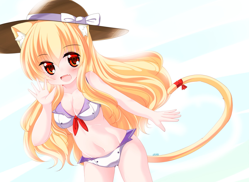 1girl :d animal_ear_fluff animal_ears bangs bare_arms bare_shoulders bikini blonde_hair blush bow breasts brown_headwear cat_ears cat_girl cat_tail cleavage collarbone commentary_request eyebrows_visible_through_hair fang gluteal_fold groin hair_between_eyes hand_up hat hat_bow kanijiru long_hair medium_breasts navel open_mouth original red_eyes red_ribbon ribbon smile solo sun_hat swimsuit tail tail_ribbon very_long_hair white_bikini white_bow