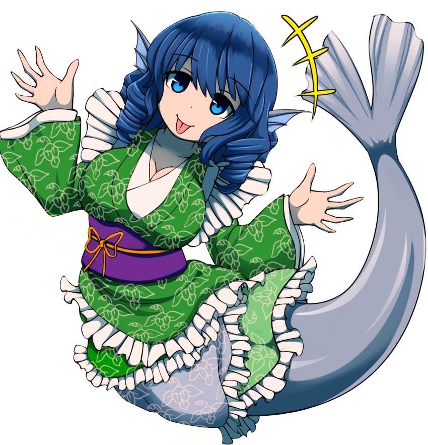 1girl blue_eyes blue_hair breasts cleavage commentary drill_hair english_commentary eyebrows_visible_through_hair frills hands_up head_fins highres japanese_clothes kimono large_breasts looking_at_viewer medium_hair mermaid monster_girl patterned sash simple_background smile solo tail tongue tongue_out touhou wakasagihime white_background wide_sleeves zawapirori