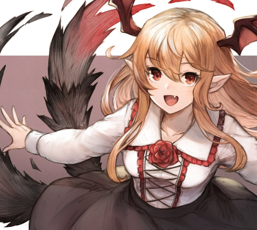 1girl bangs black_skirt blush breasts brown_hair collarbone commentary_request cross-laced_clothes eyebrows_visible_through_hair fang flower frilled_shirt_collar frills from_above granblue_fantasy hair_between_eyes head_wings highres koretsuki_azuma long_hair long_sleeves looking_at_viewer looking_up outstretched_arms pointy_ears red_eyes red_flower red_rose rose sidelocks skirt small_breasts solo tareme two-tone_background vampy