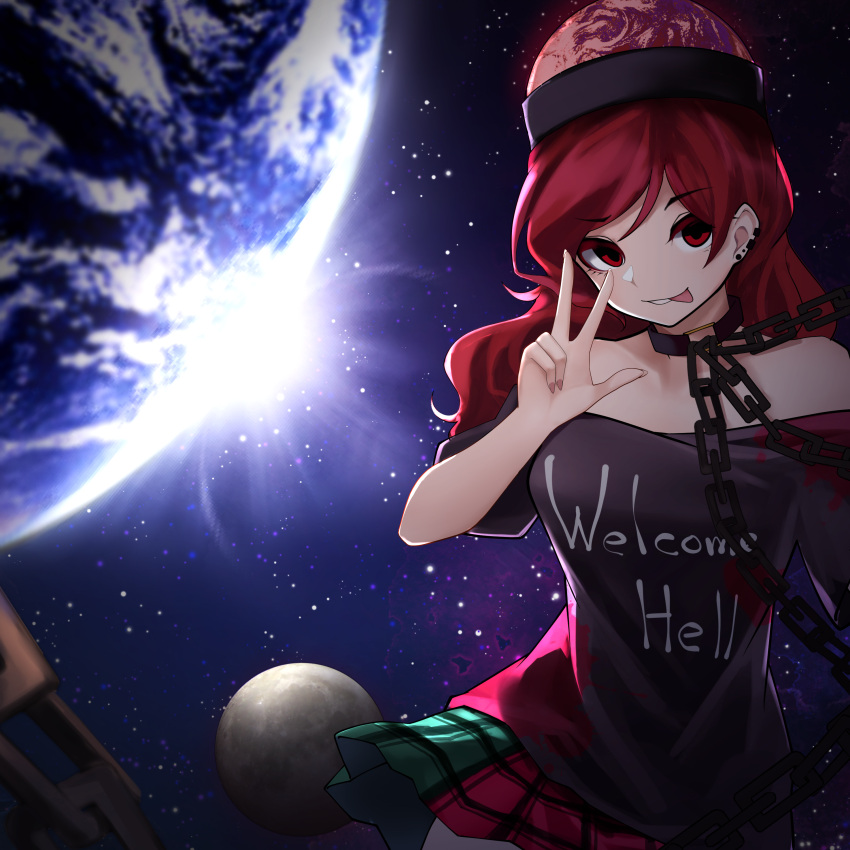 1girl :p absurdres bangs bare_shoulders black_choker black_shirt breasts choker clothes_writing commentary_request cowboy_shot ear_piercing earth eyebrows_visible_through_hair green_skirt grin hand_up hecatia_lapislazuli highres inoshin_(inixia1748) long_hair looking_at_viewer medium_breasts miniskirt moon multicolored multicolored_clothes multicolored_skirt off-shoulder_shirt off_shoulder parted_lips piercing plaid plaid_skirt polos_crown red_eyes red_skirt redhead shirt short_sleeves skirt smile solo space star_(sky) sun t-shirt tongue tongue_out touhou w