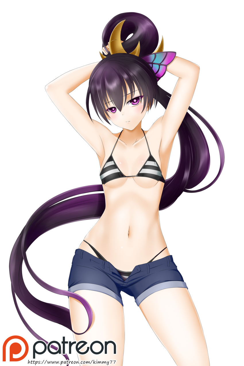 1girl absurdres alfred_cullado arm_behind_head armpits arms_up bangs bikini blue_shorts brave_frontier breasts cleavage collarbone cowboy_shot floating_hair hair_between_eyes head_tilt high_ponytail highres long_hair looking_at_viewer navel open_clothes open_shorts patreon_logo ponytail purple_hair short_shorts shorts sideboob simple_background small_breasts solo standing striped striped_bikini swimsuit under_boob very_long_hair violet_eyes watermark white_background