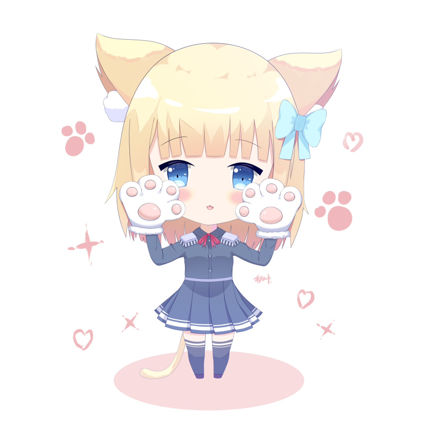 1girl :3 absurdres animal_ear_fluff animal_ears bangs blonde_hair blue_bow blue_eyes blue_jacket blue_legwear blue_skirt blunt_bangs blush bow cat_ears cat_girl cat_tail chibi colored_shadow commentary_request epaulettes eyebrows_visible_through_hair fang fur-trimmed_gloves fur_trim gloves hair_bow hands_up heart highres jacket liang_feng_qui_ye long_hair long_sleeves neck_ribbon parted_lips paw_gloves paws pleated_skirt purple_footwear red_ribbon ribbon rukiroki sasugano_roki shadow skirt smile solo sparkle standing tail thigh-highs virtual_youtuber white_background white_gloves