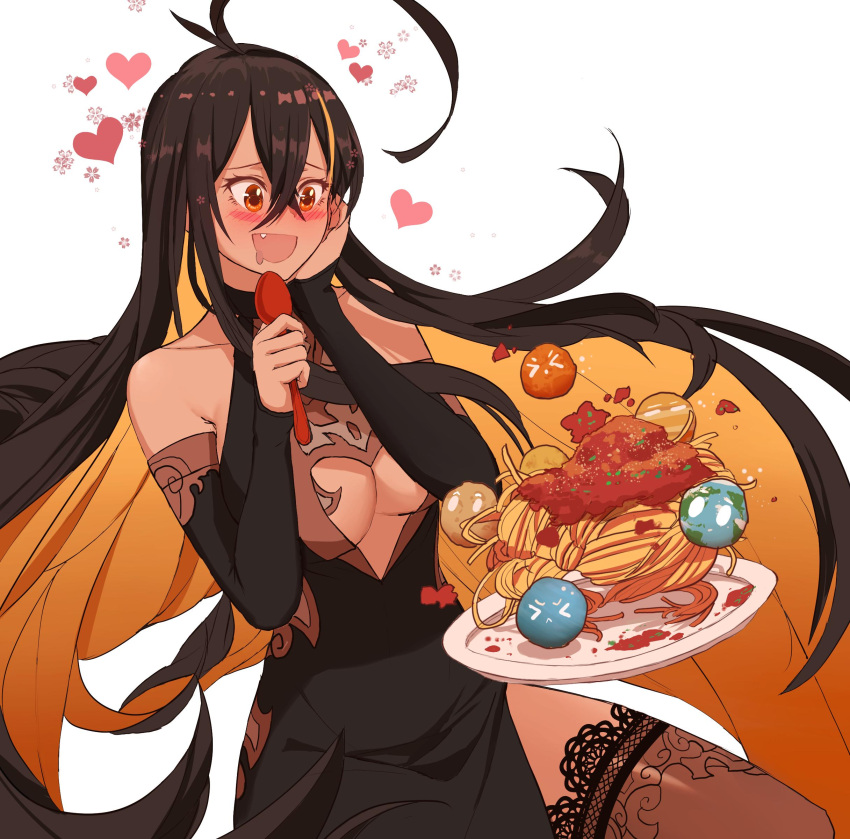 &gt;_&lt; 1girl :d absurdres ahoge bangs bare_shoulders black_dress black_hair blush commentary crossed_arms dark_skin detached_sleeves dishwasher1910 dress english_commentary fang food hair_between_eyes hand_on_own_cheek heart highres holding holding_spoon huge_ahoge long_hair m87_black_hole multicolored_hair open_mouth orange_eyes orange_hair original pasta personification planet plate pun sauce side_slit simple_background smile solo spaghetti spoon thigh-highs two-tone_hair very_long_hair white_background