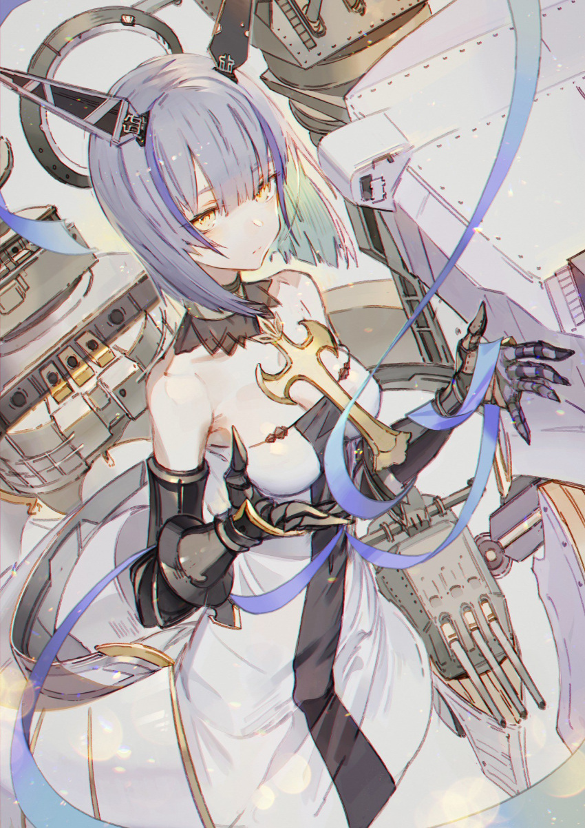 1girl azur_lane bangs bare_shoulders black_choker blue_hair blue_ribbon breasts choker closed_mouth crossed_legs dress eyebrows_visible_through_hair fleur_de_lis floating_headgear gascogne_(azur_lane) gauntlets greaves hair_between_eyes hands_up headgear highres hong legs_crossed looking_at_viewer machinery medium_breasts multicolored_hair purple_hair ribbon short_hair solo standing strapless strapless_dress streaked_hair turret watson_cross white_dress yellow_eyes