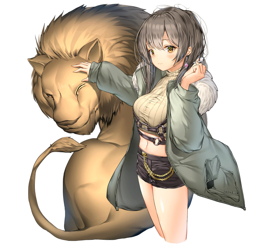 1girl animal black_shorts blush breasts brown_eyes coat cropped_legs cropped_sweater earphones_removed earrings fur-trimmed_coat fur_trim grey_hair head_tilt highres holding_earphone jewelry large_breasts lee_seok_ho lion long_hair long_sleeves looking_at_viewer midriff open_clothes open_coat original short_shorts shorts simple_background solo sweater turtleneck turtleneck_sweater white_background