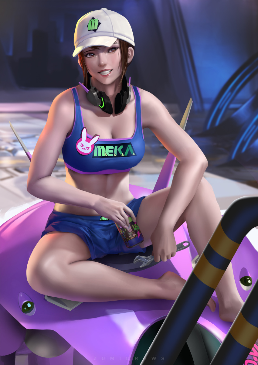1girl absurd_res absurdres banned_artist barefoot baseball_cap blizzard_entertainment brown_eyes brown_hair d.va_(overwatch) female_only female_solo grin hat headphones headphones_around_neck high_resolution holding holding_can holding_wrench indoors legs long_hair looking_ahead meka_(overwatch) night overwatch paid_reward patreon_reward sidelocks sitting smile teeth thighs wrench zumi_(zumidraws)
