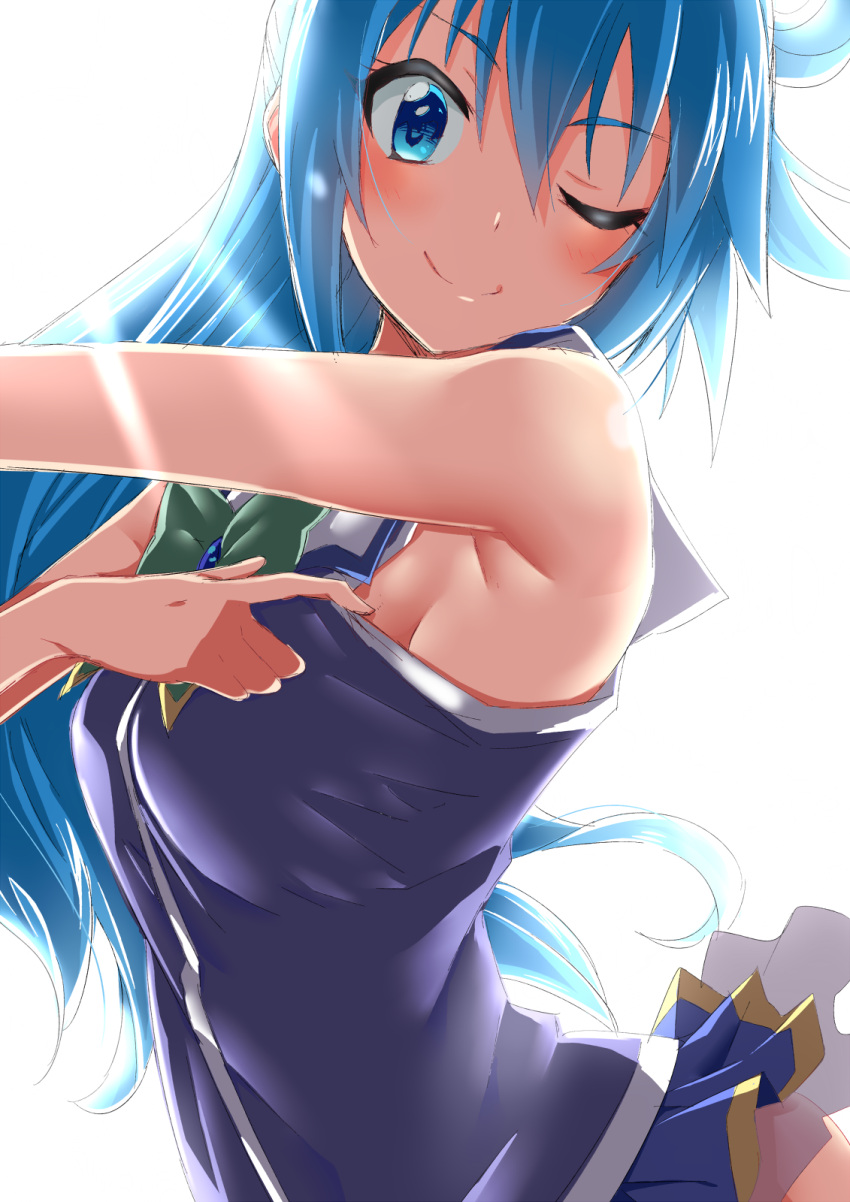 1girl aqua_(konosuba) arched_back bangs bare_shoulders blue_eyes blue_hair blue_shirt blue_skirt blush bow bowtie breasts close-up eyebrows_visible_through_hair green_neckwear hair_between_eyes highres kono_subarashii_sekai_ni_shukufuku_wo! lens_flare long_hair looking_at_viewer medium_breasts microskirt naughty_face one_eye_closed outstretched_arm shirt shirt_pull sideboob sidelocks sketch skirt sleeveless sleeveless_shirt smile sunlight yuto_(dialique)