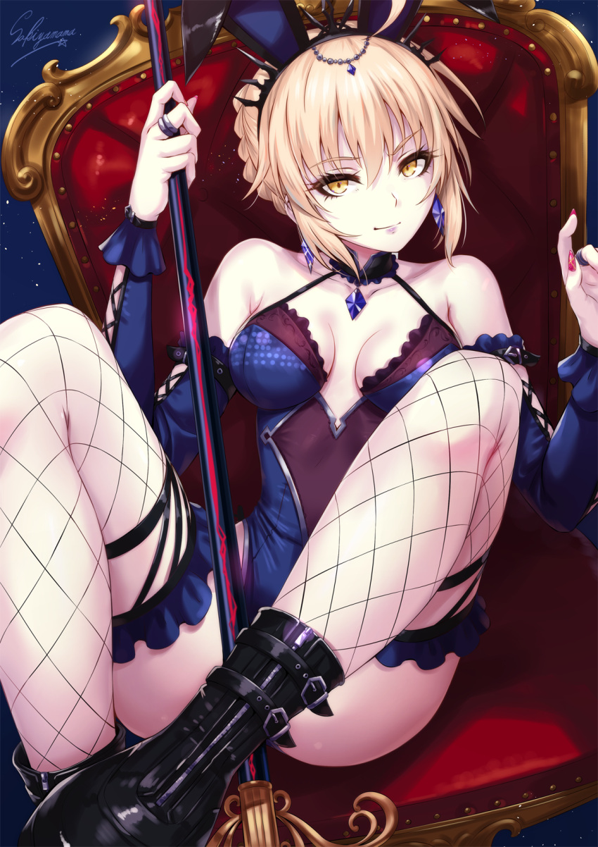 1girl ahoge amethyst_(gemstone) animal_ears artoria_pendragon_(all) artoria_pendragon_(swimsuit_rider_alter) bangs black_footwear black_legwear blonde_hair blue_leotard boots braid breasts broom chair choker cleavage_cutout commentary detached_sleeves eyebrows_visible_through_hair fake_animal_ears fate/grand_order fate_(series) fishnet_legwear fishnets glint hairband hand_up highres holding holding_broom holding_weapon jacket jewelry knees_up leotard light_particles light_smile looking_at_viewer medium_breasts multicolored_leotard multiple_rings nail_polish navel open_clothes purple_leotard purple_lips rabbit_ears red_nails ribbon ring sakiyamama shoes short_hair signature sitting solo thigh-highs tsurime weapon yellow_eyes