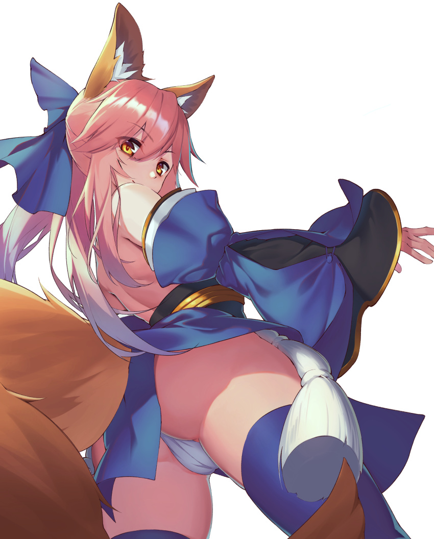 1girl absurdres animal_ear_fluff animal_ears ass blue_bow blue_kimono blue_legwear bow breasts detached_sleeves fate/extra fate_(series) fox_ears fox_girl fox_tail from_below gallant99770 hair_bow highres japanese_clothes kimono large_breasts looking_down obi panties pelvic_curtain pink_hair sash short_kimono sidelocks simple_background solo standing tail tamamo_(fate)_(all) tamamo_no_mae_(fate) thigh-highs twintails underwear white_background white_panties wide_sleeves yellow_eyes