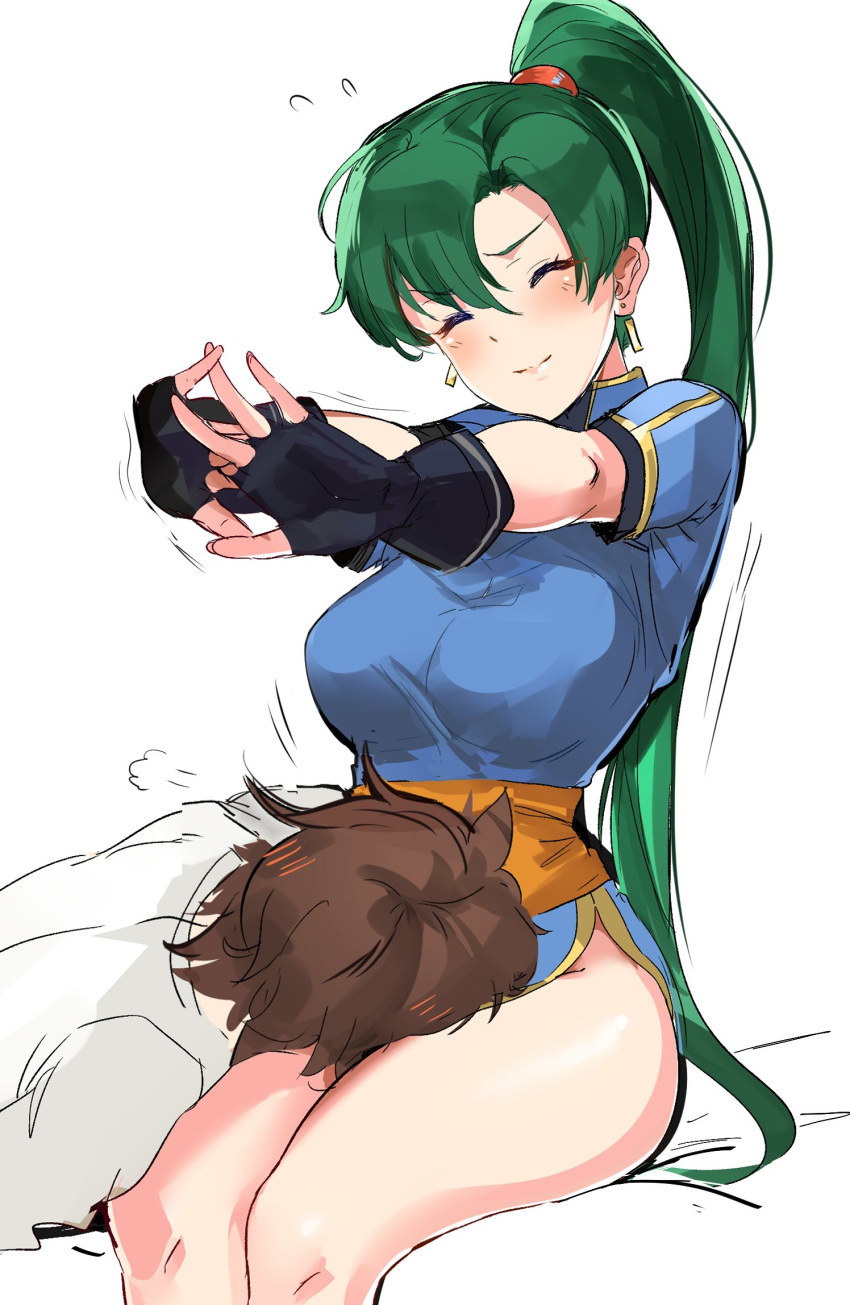 1boy 1girl bangs black_gloves blush breasts brown_hair closed_eyes closed_mouth commentary_request earrings fingerless_gloves fire_emblem fire_emblem:_rekka_no_ken gloves green_hair highres interlocked_fingers jewelry lap_pillow large_breasts lips long_hair lyndis_(fire_emblem) nintendo ormille ponytail shiny shiny_skin shirt short_hair short_sleeves simple_background sitting stretch tactician_(fire_emblem) thighs white_background white_shirt