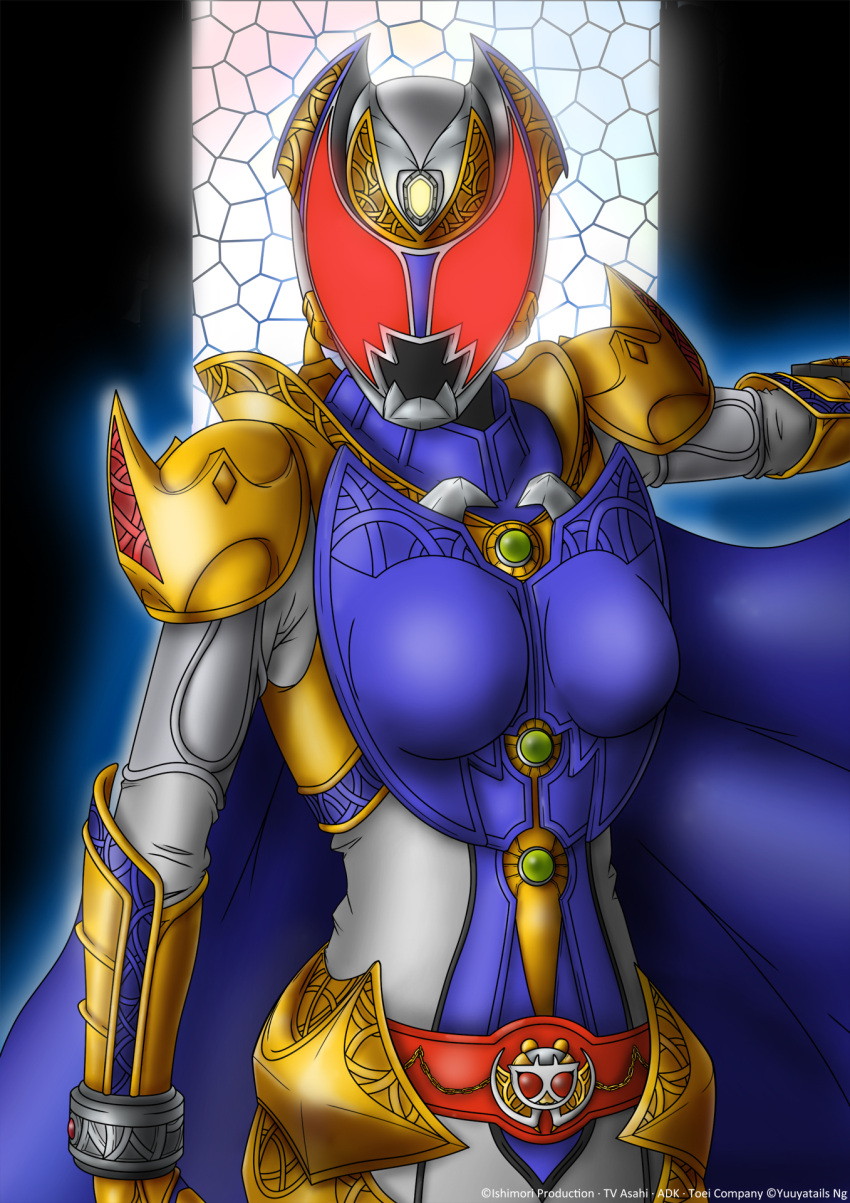 1girl armor belt breastplate breasts cape commentary full_armor gauntlets gloves glowing glowing_eyes gold_armor helmet highres kamen_rider kamen_rider_dcd kamen_rider_kivala medium_breasts purple_cape red_eyes shoulder_armor tokusatsu yuuyatails
