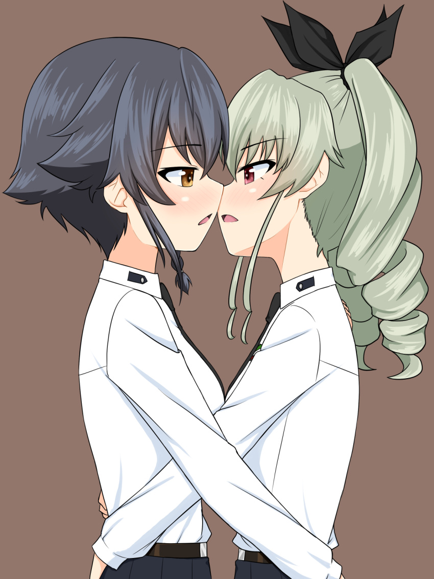 2girls anchovy anzio_school_uniform black_hair blush braid breasts brown_background brown_eyes drill_hair eyebrows eyebrows_visible_through_hair girls_und_panzer green_hair hair_ornament hair_ribbon highres hug imminent_kiss looking_at_another medium_breasts medium_hair monochrome_background multiple_girls open_mouth pepperoni_(girls_und_panzer) red_eyes ribbon ruka_(piyopiyopu) school_uniform shiny shiny_hair short_hair simple_background twintails yuri