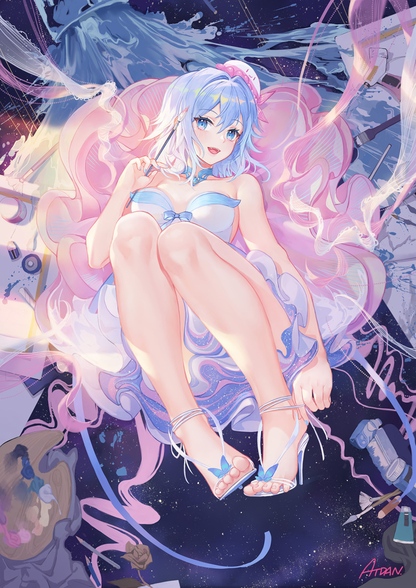 1girl :d artist_name atdan bare_arms bare_legs bare_shoulders blue_bow blue_eyes blue_hair blue_nails blush bow breasts collarbone commentary dress feet full_body haiyi hand_up hat highres holding jellyfish jewelry knees_up large_breasts long_hair looking_at_viewer nail_polish necklace open_mouth paintbrush palette paper pen pencil revision sandals sidelocks smile solo star_(sky) synthesizer_v thighs toes white_dress white_footwear