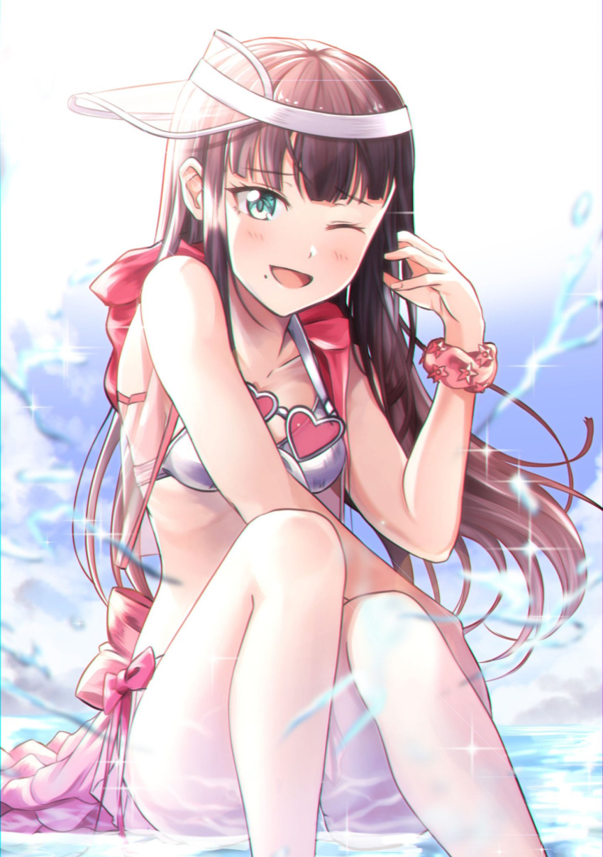 1girl ;d animal_ears bangs bare_arms bare_shoulders bikini black_hair blunt_bangs blush bow breasts collarbone commentary_request day eyebrows_visible_through_hair feet_out_of_frame greyscale heart heart-shaped_eyewear highres knees_up kurosawa_dia long_hair looking_at_viewer love_live! love_live!_sunshine!! mole mole_under_mouth monochrome one_eye_closed open_clothes open_mouth open_vest outdoors pink-tinted_eyewear pink_bow pink_vest see-through shaka_(staito0515) shallow_water sideways_hat sitting small_breasts smile solo sparkle sunglasses sunlight swimsuit very_long_hair vest visor_cap water white-framed_eyewear white_bikini