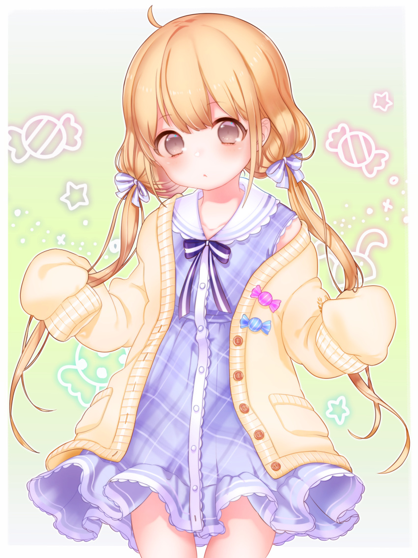 1girl :o ahoge arms_up blonde_hair blue_dress blush brown_eyes candy cardigan cowboy_shot dress food futaba_anzu gradient gradient_background green_background hair_ribbon haiso_o head_tilt highres idolmaster idolmaster_cinderella_girls looking_at_viewer low_twintails open_cardigan open_clothes plaid plaid_dress ribbon short_hair_with_long_locks sleeveless sleeveless_dress sleeves_past_fingers sleeves_past_wrists solo standing thigh_gap twintails yellow_cardigan