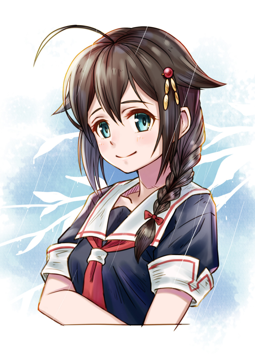 1girl ahoge black_shirt blue_eyes braid braided_ponytail brown_hair collarbone cropped_arms cropped_legs hair_between_eyes hair_ornament hair_over_shoulder hairpin highres kantai_collection long_hair looking_at_viewer neckerchief red_neckwear sailor_collar shigure_(kantai_collection) shirt sho_(sumika) short_sleeves single_braid smile solo upper_body white_background white_sailor_collar