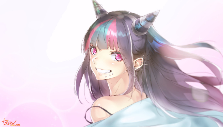 1girl black_hair chin_piercing dangan_ronpa ear_piercing earrings eyebrows_visible_through_hair floating_hair from_side grin highlights highres jewelry long_hair looking_at_viewer mioda_69ch mioda_ibuki multicolored_hair off_shoulder piercing pink_eyes portrait shiny shiny_hair shiny_skin signature smile solo super_dangan_ronpa_2 tied_hair white_background