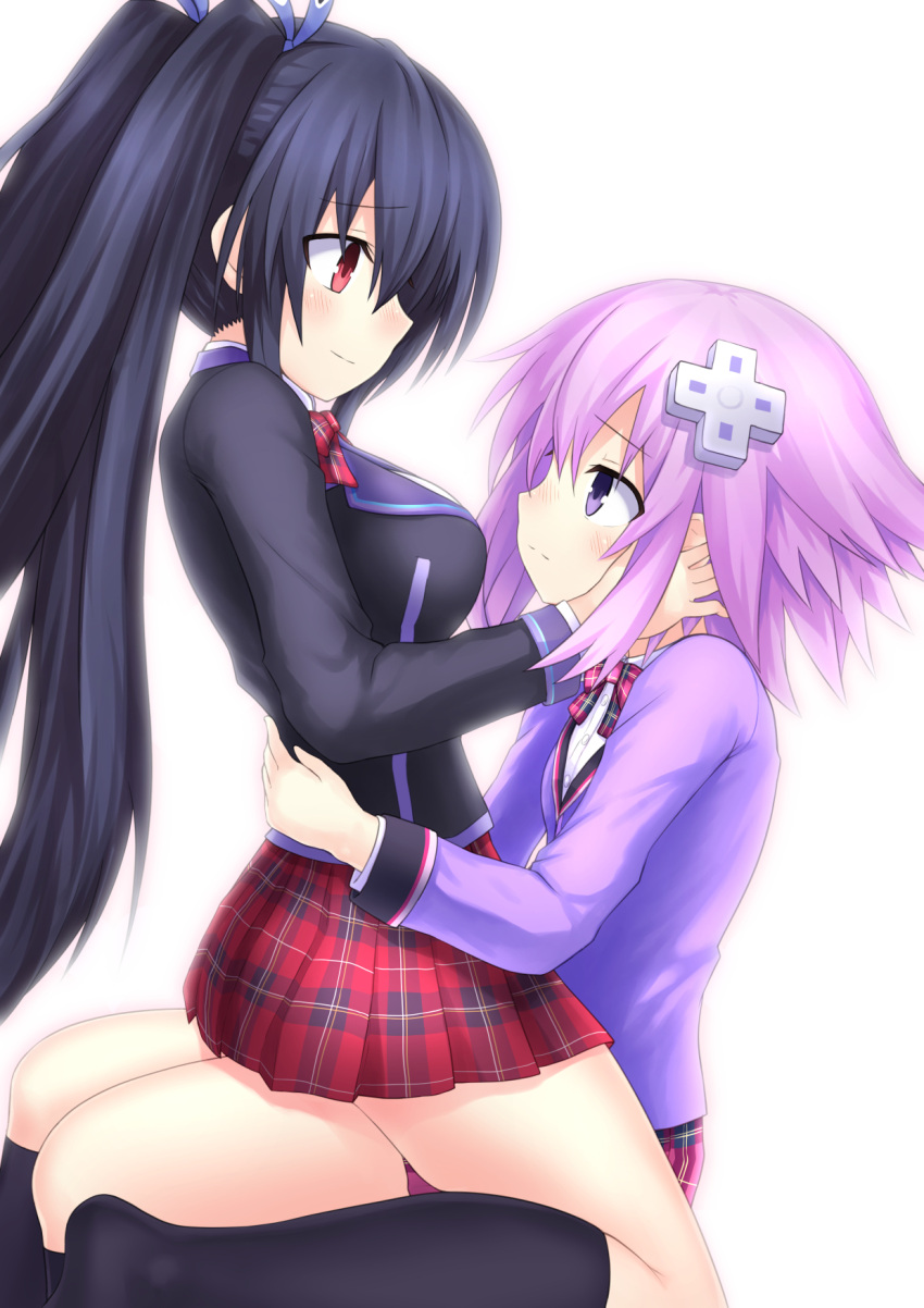 2girls black_hair blazer blush bow breasts commentary couple d-pad d-pad_hair_ornament eye_contact hair_ornament hand_on_another's_face highres hug jacket large_breasts long_hair looking_at_another multiple_girls neptune_(neptune_series) neptune_(series) no_shoes noire purple_hair red_eyes school_uniform short_hair simple_background sitting sitting_on_lap sitting_on_person skirt smile socks taked thighs twintails very_long_hair violet_eyes white_background yuri