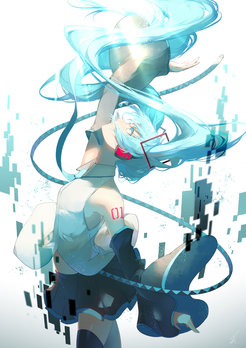 1girl aqua_eyes aqua_hair arm_up bangs bare_shoulders black_legwear blue_neckwear body_markings collared_shirt cowboy_shot detached_sleeves floating_hair from_side hair_ornament hatsune_miku headphones headset highres long_hair looking_up necktie open_mouth parted_lips saihate_(d3) shirt sidelocks signature skirt sleeveless solo thigh-highs twintails very_long_hair vocaloid white_shirt wide_sleeves zettai_ryouiki